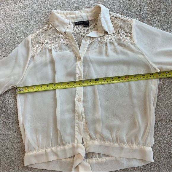 Cream chiffon lace button down Front tie blouse L - Picture 4 of 5